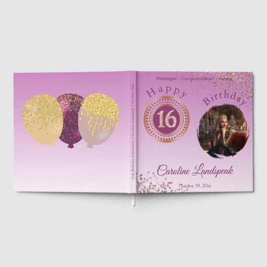 写真パーソナライズされたバラ金ゴールドグリッター16誕生日 ゲストブック (全面)