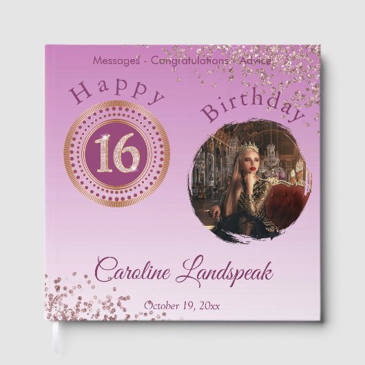 写真パーソナライズされたバラ金ゴールドグリッター16誕生日 ゲストブック (正面)