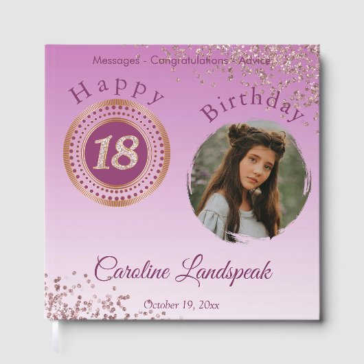 写真パーソナライズされたバラ金ゴールドグリッター18誕生日 ゲストブック (正面)