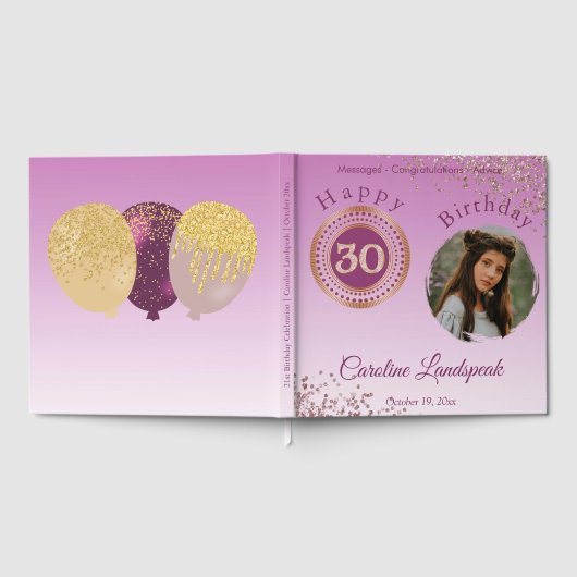 写真パーソナライズされたバラ金ゴールドグリッター30歳の誕生日 ゲストブック (全面)