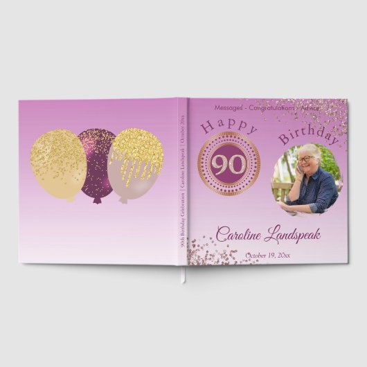 写真パーソナライズされたバラ金ゴールドグリッター90誕生日 ゲストブック (全面)
