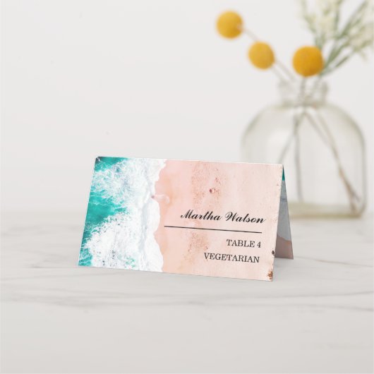 写真パーソナライズされたビーチ結婚式名 プレイスカード (正面)