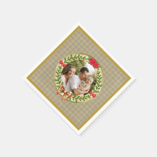 写真パーソナライズされたフレームとクリスマスリースN スタンダードカクテルナプキン (角)