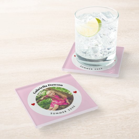 写真パーソナライズされたベビーピンクホワイトサークルハート ガラスコースター (アングル)