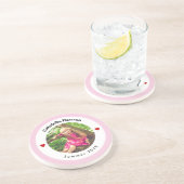 写真パーソナライズされたベビーピンクホワイトサークルハート コースター (側面)