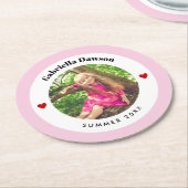 写真パーソナライズされたベビーピンクホワイトサークルハート ラウンドペーパーコースター (アングル)