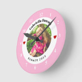 写真パーソナライズされたベビーピンクホワイトサークルハート ラウンド壁時計 (傾斜)