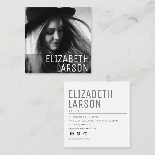 写真パーソナライズされたミニマモダンリスト広場 スクエア名刺 (正面/裏面)