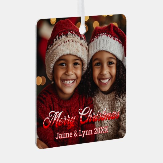 写真パーソナライズされたメリークリスマスの名前と日付 メタルオーナメント (正面右)