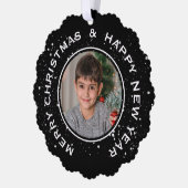 写真パーソナライズされたメリークリスマスハッピーニューイヤー オーナメントカード (左)