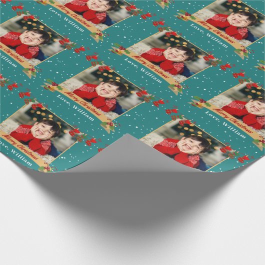 写真パーソナライズされたメリークリスマスホリデーグリーン ラッピングペーパー (角)