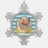 写真パーソナライズされたモダンストライプティール（緑がかった色）と青 スノーフレークピューターオーナメント (正面)