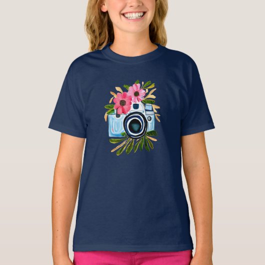 写真パーソナライズされたヴィンテージカメラ花 Tシャツ (正面)