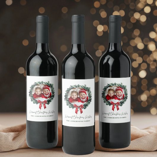 写真パーソナライズされた付きクリスマスリースラベル ワインラベル