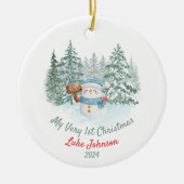 写真パーソナライズされた付き第1回クリスマス雪だるま セラミックオーナメント (正面)