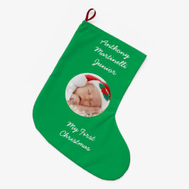 写真パーソナライズされた付き緑のクリスマスストッキング ラージクリスマスストッキング