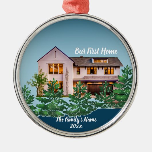 写真パーソナライズされた初のホームクリスマス メタルオーナメント (正面)