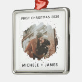 写真パーソナライズされた初めてのクリスマスカスタム メタルオーナメント (左)