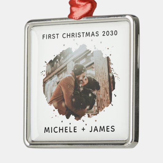 写真パーソナライズされた初めてのクリスマスカスタム メタルオーナメント (左)