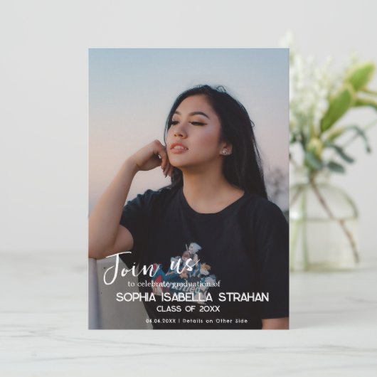 写真パーソナライズされた卒業党招待状 セーブザデート (スタンド正面)