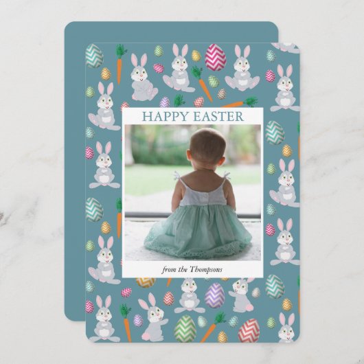 写真パーソナライズされた可愛いブルーイースターバニーウサギ シーズンカード (正面/裏面)