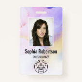 写真パーソナライズされた名バイオレット水彩従業員 バッジ (正面)