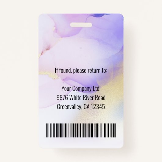 写真パーソナライズされた名バイオレット水彩従業員 バッジ (裏面)