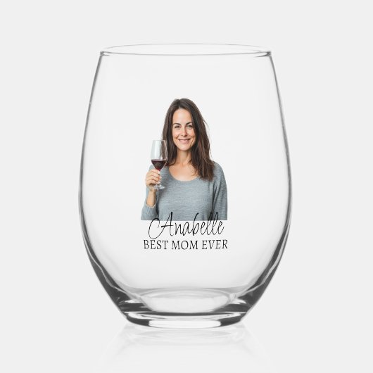 写真パーソナライズされた名最高のMom Ever Gift ステムなしワイングラス (正面)