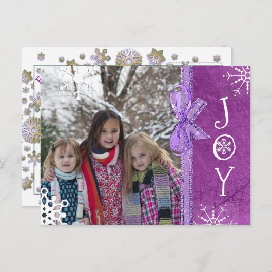 写真パーソナライズされた家族クリスマス喜び紫 シーズンポストカード (正面/裏面)