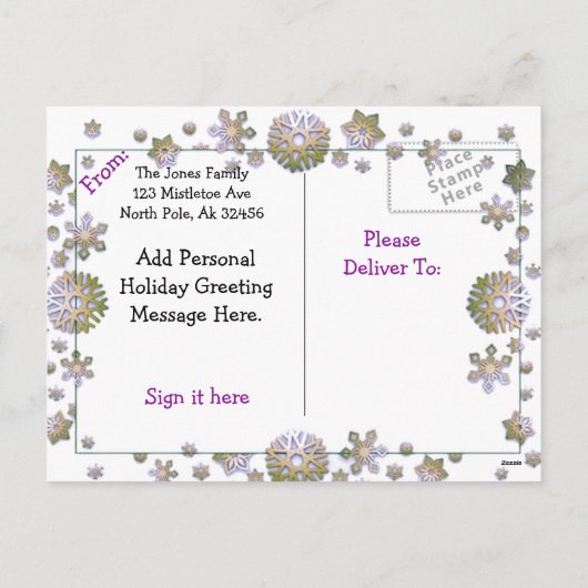 写真パーソナライズされた家族クリスマス喜び紫 シーズンポストカード (裏面)