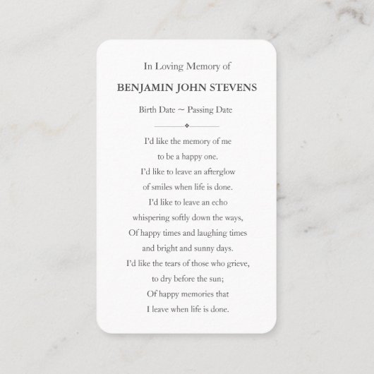 写真パーソナライズされた悔やみや弔慰葬儀記念カード 名刺 (裏面)