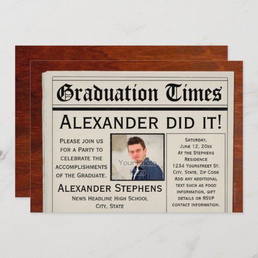 写真パーソナライズされた新聞卒業党 招待状 (正面/裏面)