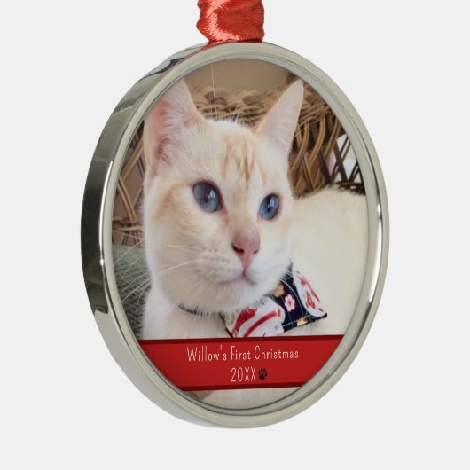 写真パーソナライズされた猫の初めてのクリスマス メタルオーナメント (右)