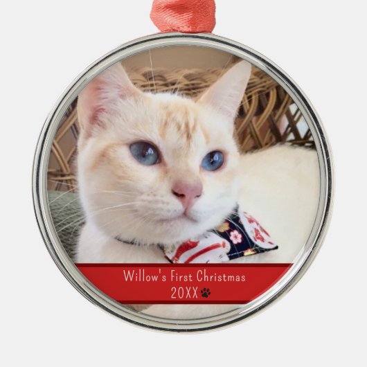 写真パーソナライズされた猫の初めてのクリスマス メタルオーナメント (正面)
