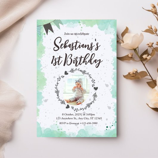 写真パーソナライズされた第1期の誕生日の水彩 招待状