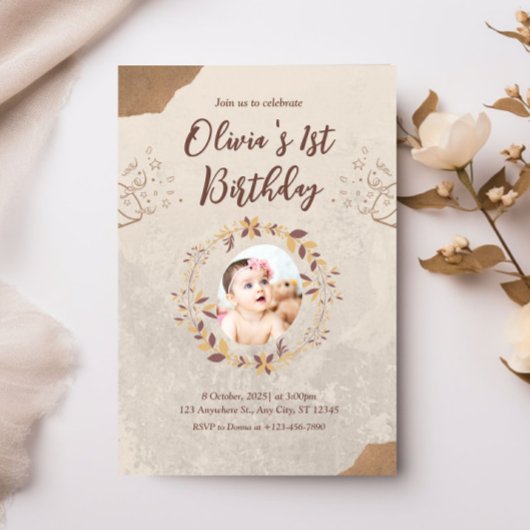 写真パーソナライズされた第1期誕生日ブラウン 招待状