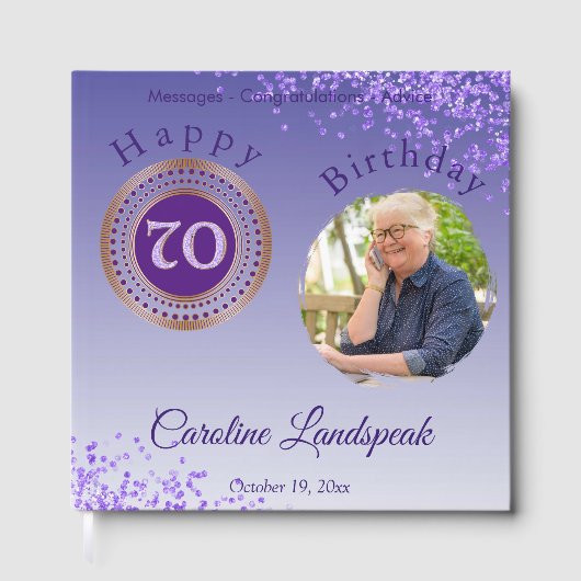 写真パーソナライズされた紫グリッター70誕生日 ゲストブック (正面)