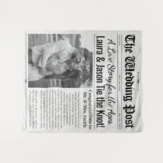 写真パーソナライズされた結婚付き新聞の背景 タペストリー (正面(横))