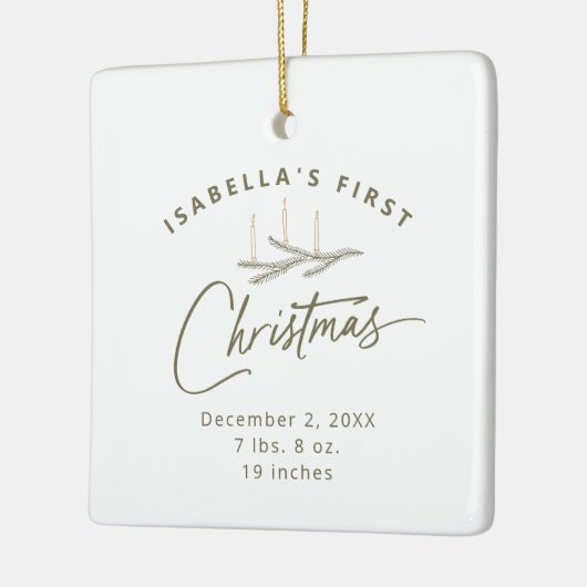 写真パーソナライズされた誕生の統計初めてのクリスマス セラミックオーナメント (左)