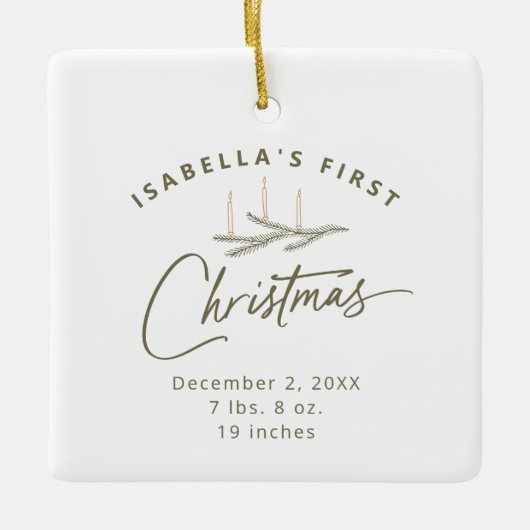 写真パーソナライズされた誕生の統計初めてのクリスマス セラミックオーナメント (正面)
