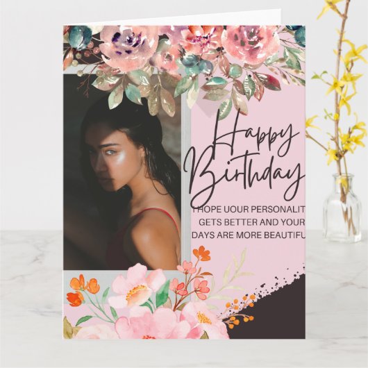 写真パーソナライズされた誕生日はがき カード (黄色い花)