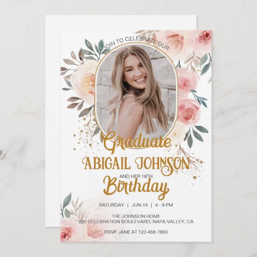 写真パーソナライズされた誕生日卒業赤面ピンク 招待状 (正面/裏面)