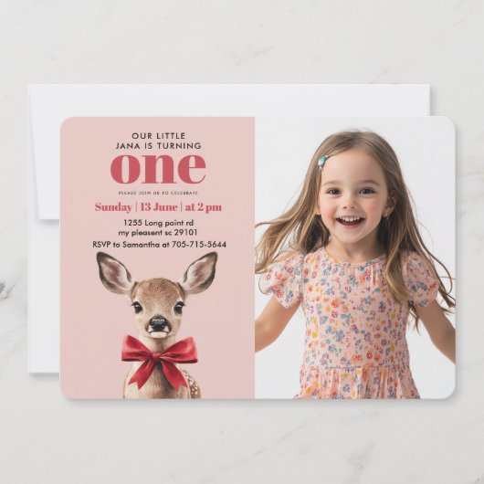 写真パーソナライズされた誕生日 | ピンクと赤の鹿 招待状 (正面)