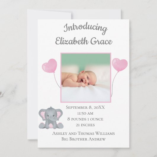写真パーソナライズされた誕生統計ガールベビー象 案内状 (正面)