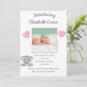 写真パーソナライズされた誕生統計ガールベビー象 案内状 (スタンド正面)