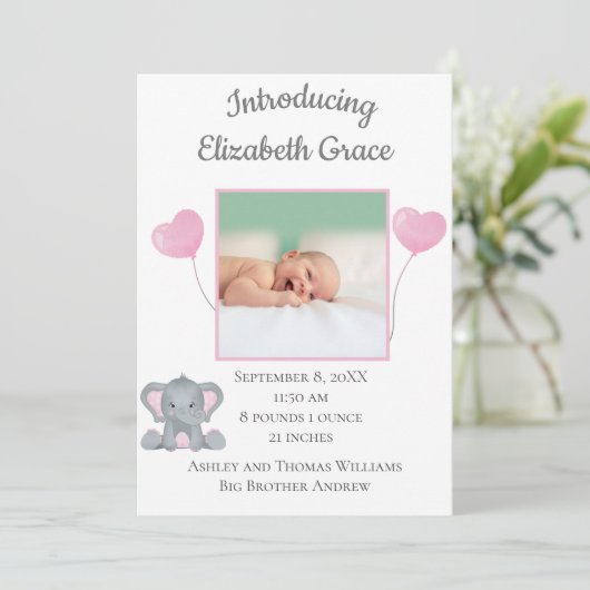 写真パーソナライズされた誕生統計ガールベビー象 案内状 (スタンド正面)