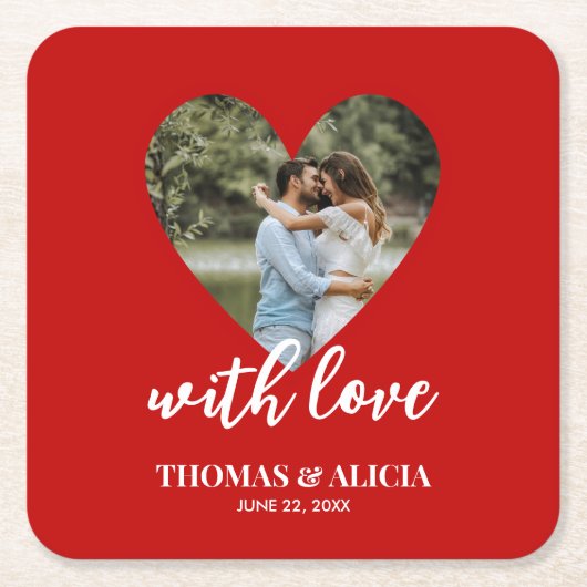 写真パーソナライズされた赤いハートフレモダン結婚ーム スクエアペーパーコースター (正面)