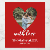 写真パーソナライズされた赤いハートフレモダン結婚ーム ワインラベル (シングルラベル)