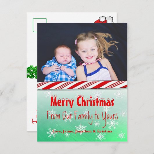 写真パーソナライズされた赤キャンディーケーンクリスマス シーズンポストカード (正面/裏面)