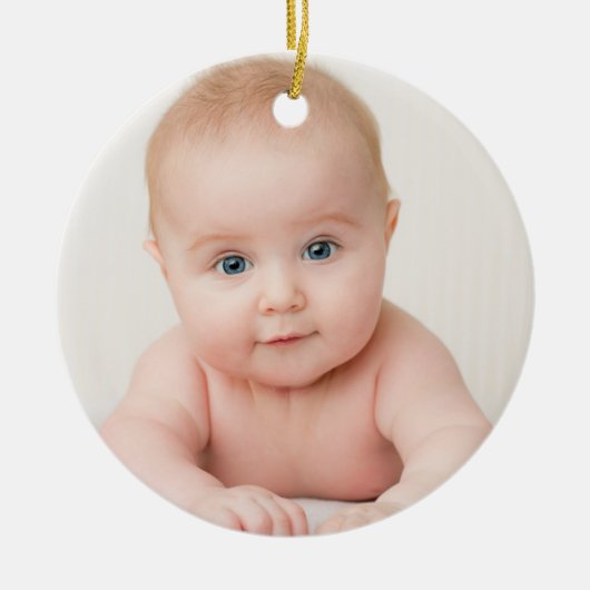 写真パーソナライズされた金ゴールド葉ベビー誕生日 セラミックオーナメント (正面)